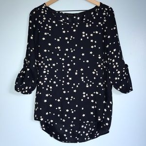 Zara Navy White Star Print Flowy Top 3/4 Sleeves